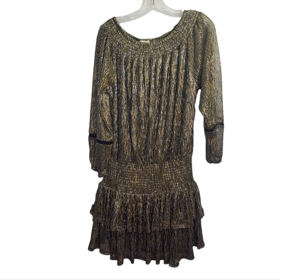 MUCHE MUCHETTE Gold Bronze Metallic Lame Boho Gypsy Ruffle Off Shoulder Dress - Picture 3 of 8